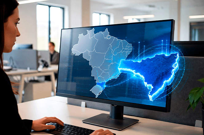 Arte horizontal: mulher observa em monitor mapa digital do Brasil e de Santa Catarina em tons de azul.