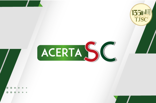 Arte horizontal: identidade visual do Acerta SC em verde, vermelho e branco destaca selo dos 135 anos do TJSC.