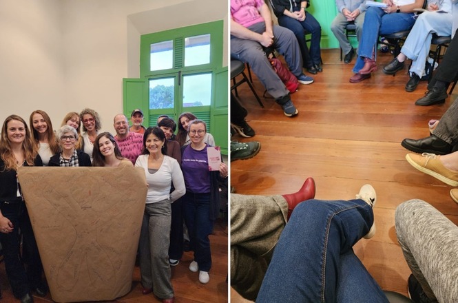 Montagem horizontal: grupo posa em sala com janelas verdes; ao lado, participantes formam roda de conversa.