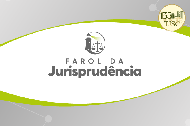 Arte horizontal: Farol da Jurisprudência reúne símbolos de farol e Justiça e selo comemorativo dos 135 anos do TJSC.