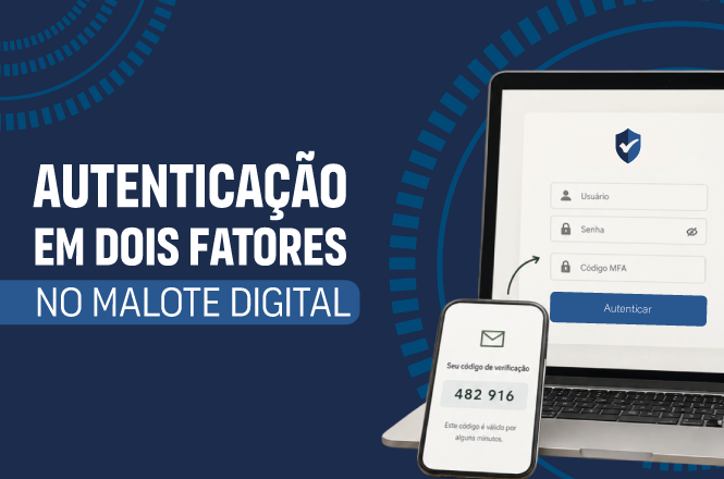 Arte horizontal: autenticação em dois fatores no Malote Digital é ilustrada por notebook e celular em tons de azul.
