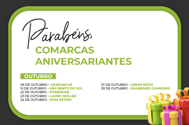 Arte horizontal: comarcas aniversariantes de outubro são homenageadas com datas, nomes em verde e presentes coloridos.