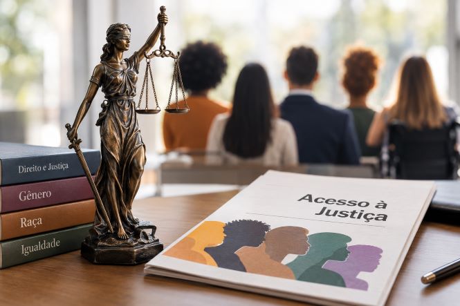 Imagem ilustrativa sobre acesso à justiça e diversidade. Em primeiro plano, sobre uma mesa de madeira, há uma estátua da deusa da Justiça segurando uma balança. Ao lado, uma pilha de livros com os títulos “Direito e Justiça”, “Gênero”, “Raça” e “Igualdade”. Sobre a mesa também está um documento com o título “Acesso à Justiça”, ilustrado por silhuetas coloridas de diferentes perfis de pessoas. Ao fundo, desfocado, aparecem cinco pessoas sentadas de costas em um ambiente iluminado, incluindo uma pessoa em cadeira de rodas. A composição remete à inclusão, à igualdade de direitos e ao acesso democrático ao sistema de justiça.
