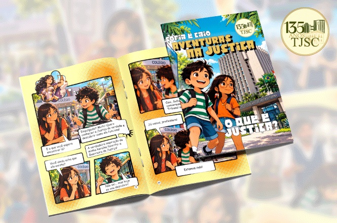 Horizontal: Ilustração da revista em quadrinhos Aventuras na Justiça, aberta em páginas coloridas com personagens infantis, diálogos e cenários urbanos, sobre fundo gráfico que destaca os 135 anos do TJSC.