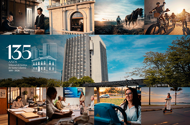 Horizontal: Composição comemorativa dos 135 anos do TJSC, com imagens institucionais, prédio do Tribunal e cenas de trabalho e cotidiano em ambiente urbano.