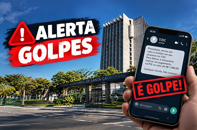 Arte gráfica: Campanha de alerta contra golpes utiliza montagem com a fachada do Poder Judiciário de Santa Catarina ao fundo e uma mão segurando smartphone com mensagem fraudulenta na tela. Em destaque, aparecem os textos “Alerta Golpes” e “É Golpe!”, em composição visual com cores fortes, elementos de atenção e identidade institucional.