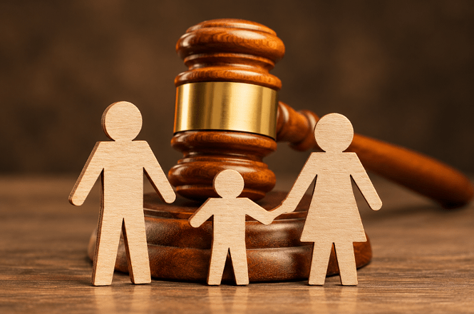Foto colorida: figuras de família diante de martelo judicial, fundo jurídico, direito de família, simbolizando proteção em marrom, dourado e bege