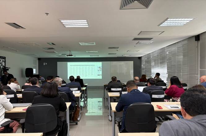 Horizontal: Participantes acompanham apresentação em sala de capacitação, sentados em fileiras voltadas para a projeção exibida na parede.