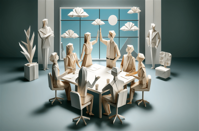Arte gráfica: pessoas em reunião ao redor de mesa, ambiente corporativo ilustrado, trabalho colaborativo, debatendo ideias em bege, azul e branco.