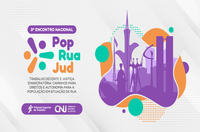 Arte gráfica: identidade visual do Pop Rua Jud, fundo ilustrado urbano, encontro nacional, divulgando evento em roxo, laranja e verde.