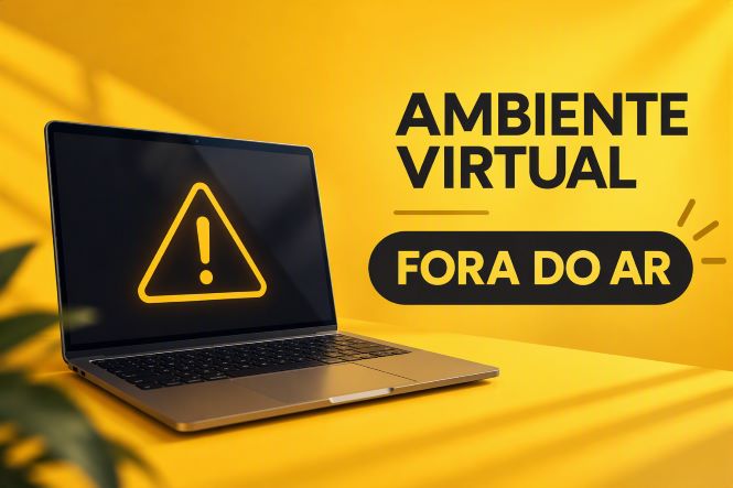 Imagem horizontal com fundo amarelo vibrante e iluminação suave. À esquerda, há um notebook aberto sobre uma superfície amarela; na tela escura aparece um símbolo de alerta em formato triangular. À direita, em letras pretas, lê-se “AMBIENTE VIRTUAL” e, abaixo, “FORA DO AR”, destacado em uma faixa preta. A composição é limpa, com poucos elementos e contraste entre amarelo e preto.