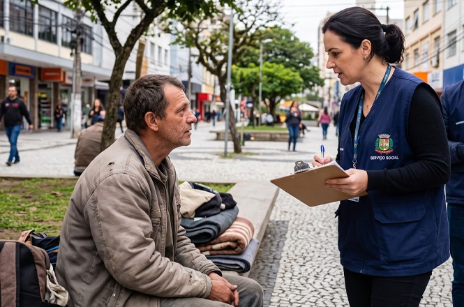 Foto horizontal: assistente social com colete da assistência municipal e prancheta em mãos realiza atendimento na rua a homem em situação de rua sentado em banco de praça pública.