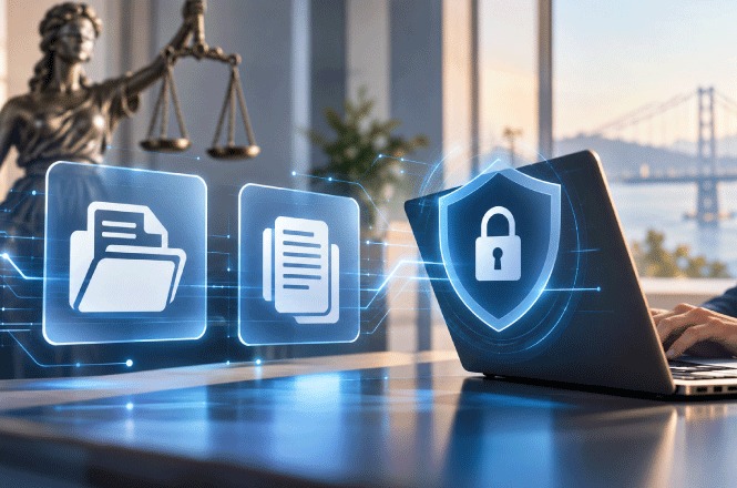 Foto horizontal: ilustração digital de segurança da informação e proteção de dados, com ícones de pastas, documentos e escudo com cadeado brilhando sobre mesa ao lado de computador portátil, com estátua da Justiça e vista urbana ao fundo.