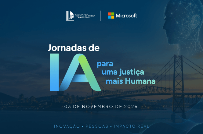 Foto horizontal: arte gráfica em tons de azul-escuro, ciano, verde e branco exibe a inscrição estilizada "Jornadas de IA para uma justiça mais Humana" com as marcas do TJSC e da Microsoft, sobreposta à imagem da Ponte Hercílio Luz e silhueta digital de rosto ao fundo.