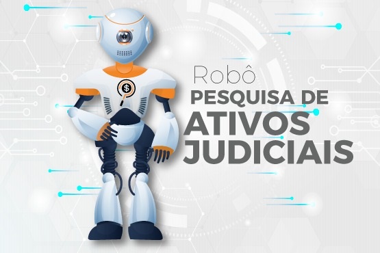 Arte gráfica de robô branco e laranja com um único olho. Ao lado escrito em cinza Robô Pesquisa de Ativos Judiciais