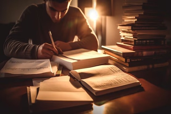 Rodeado por anotações e uma pilha de livros à direita, um homem de cabeça baixa escreve em um papel. O local é iluminado à meia luz.